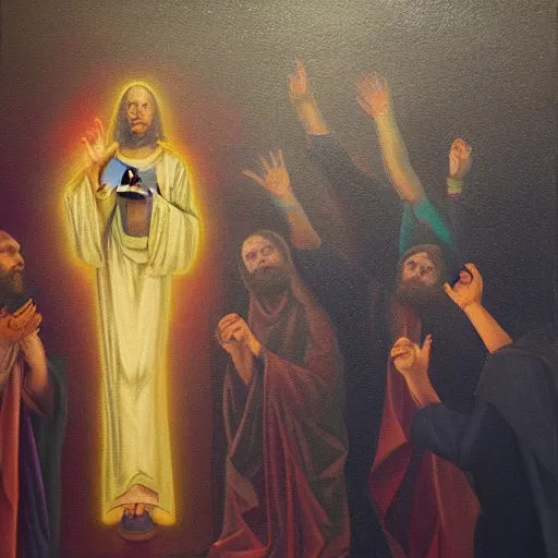 Prompt: “Jesus Christ Dabbing at a rave in Durham cathedral” oil painting, artstation, instagram, beautiful