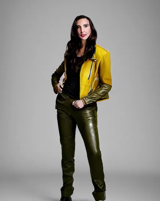 Image similar to photos of gal gadot wearing a yellow leather jacket, green cargo pants, a red silk blouse, and baseball cap on her head, photoshoot in the style of annie leibovitz, photorealistic, soft focus, bokeh