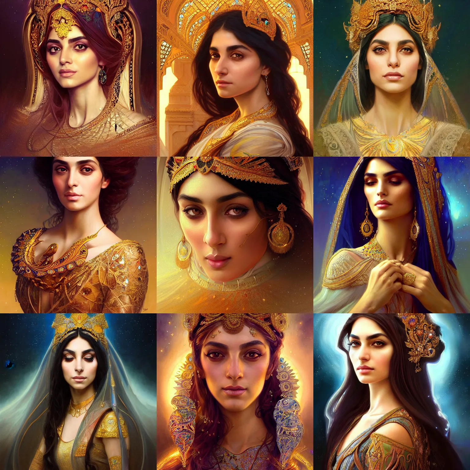 Prompt: Beautiful portrait of a Persian Princess who is an architect, beautiful princess, face painting, dramatic lighting, intricate, wild, highly detailed, digital painting, artstation, concept art, smooth, sharp focus, illustration, art by artgerm and greg rutkowski and alphonse mucha, footage from space camera