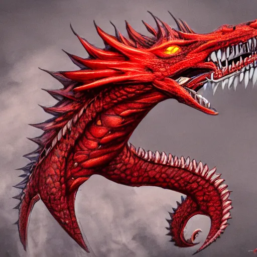 Prompt: head of red fire breathing dragon, extremely detailed, 8k, concept art, high fantasy