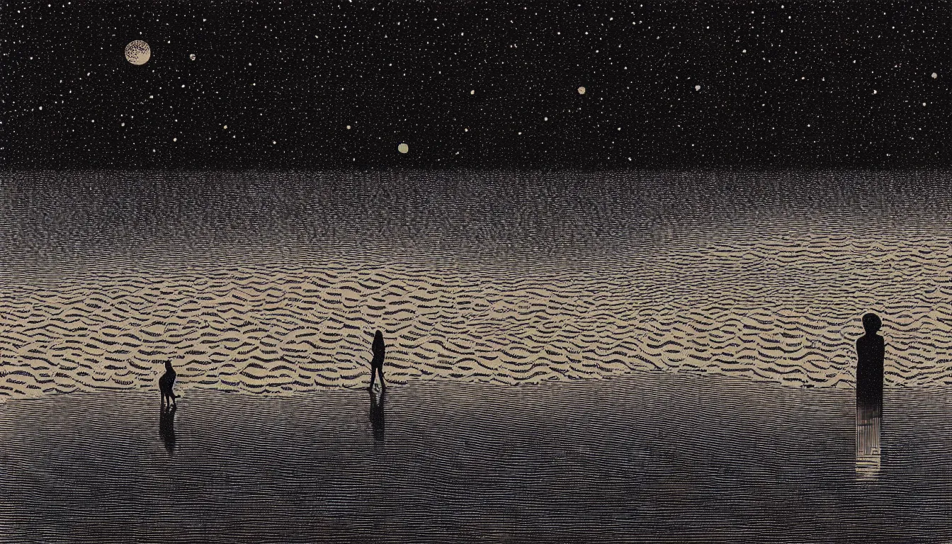 Image similar to standing in a lake looking at reflection of the night sky by woodblock print, nicolas delort, moebius, victo ngai, josan gonzalez, kilian eng