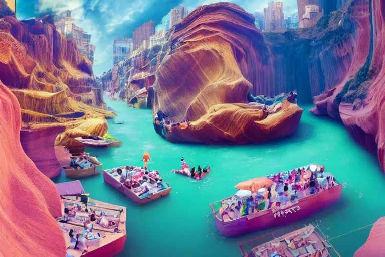 Prompt: floating markets of times square on new york on waters flowing down gold travertine terraces in royal blue antelope canyon during sakura season on an interstellar aurora borealis, pink waterfalls, vendors, festivals, fun, by peter mohrbacher, james jean, james gilleard, greg rutkowski, vincent di fate, rule of thirds, octane render, beautiful landscape
