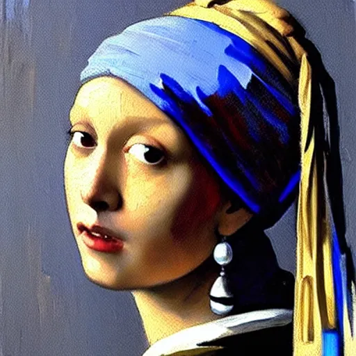 Image similar to greg manchess portrait painting of the girl with the pearl earring with the face of mona lisa, medium shot, asymmetrical, profile picture, organic painting, sunny day, matte painting, bold shapes, hard edges, street art, trending on artstation, by huang guangjian and gil elvgren and gerald brom