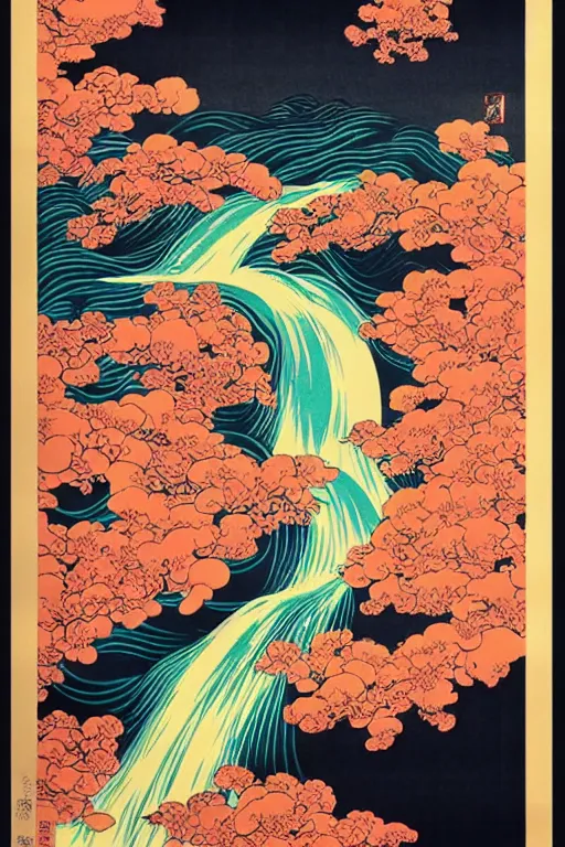 Image similar to Beautiful vintage Japanese poster representing stream of consciousness, 10% surreal, risograph poster, beautiful colors, deep meaning, Intricate image, moving