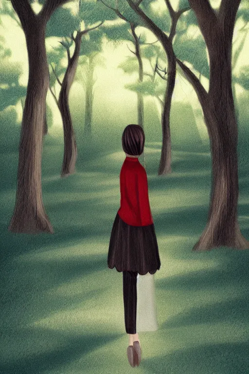 Prompt: woman standing in a park at dusk, surreal, digital painting, artstation, junji ito