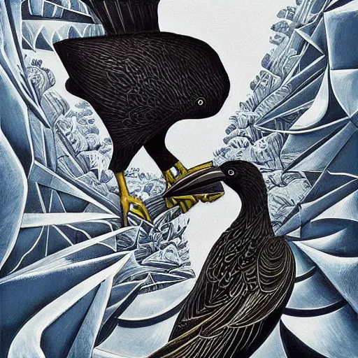 Image similar to a simple crow painting by Android Jones and M. C. Escher collaboration