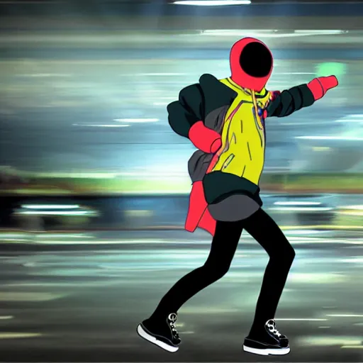 Image similar to teenager with hoddie rollerblading away at hyperspeed, animatrix, anime matrix