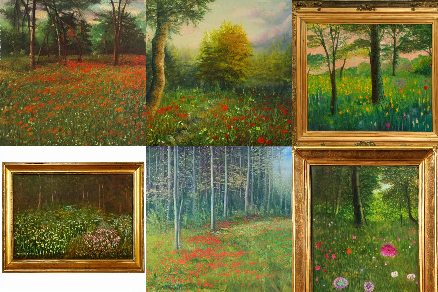 Prompt: A flowery meadow at the edge of a forest, oil painting by someone with tetrachromatic vision