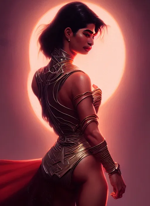 Prompt: portrait of darna anne curtis, intricate, elegant, glowing lights, highly detailed, digital painting, artstation, glamor pose, concept art, smooth, sharp focus, illustration, art by wlop, mars ravelo and greg rutkowski