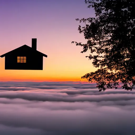 Prompt: a house floating above the clouds, sunset