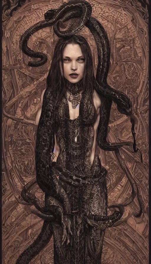 Prompt: portrait of slim snake tamer, with a big snake tattoo around his body, mischievous, expressive pose, peaceful expression, dark gothic dress, fantasy, intricate, dark forest background, highly detailed, digital painting, artstation, concept art, smooth, sharp focus, illustration, art by artgerm and greg rutkowski and alphonse mucha