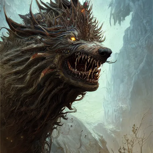 Image similar to low angle shot of a werewolf by clive barker, intricate, elegant, highly detailed, centered, digital painting, artstation, concept art, smooth, sharp focus, illustration, artgerm, Tomasz Alen Kopera, Peter Mohrbacher donato giancola, Joseph Christian Leyendecker, WLOP, Boris Vallejo.