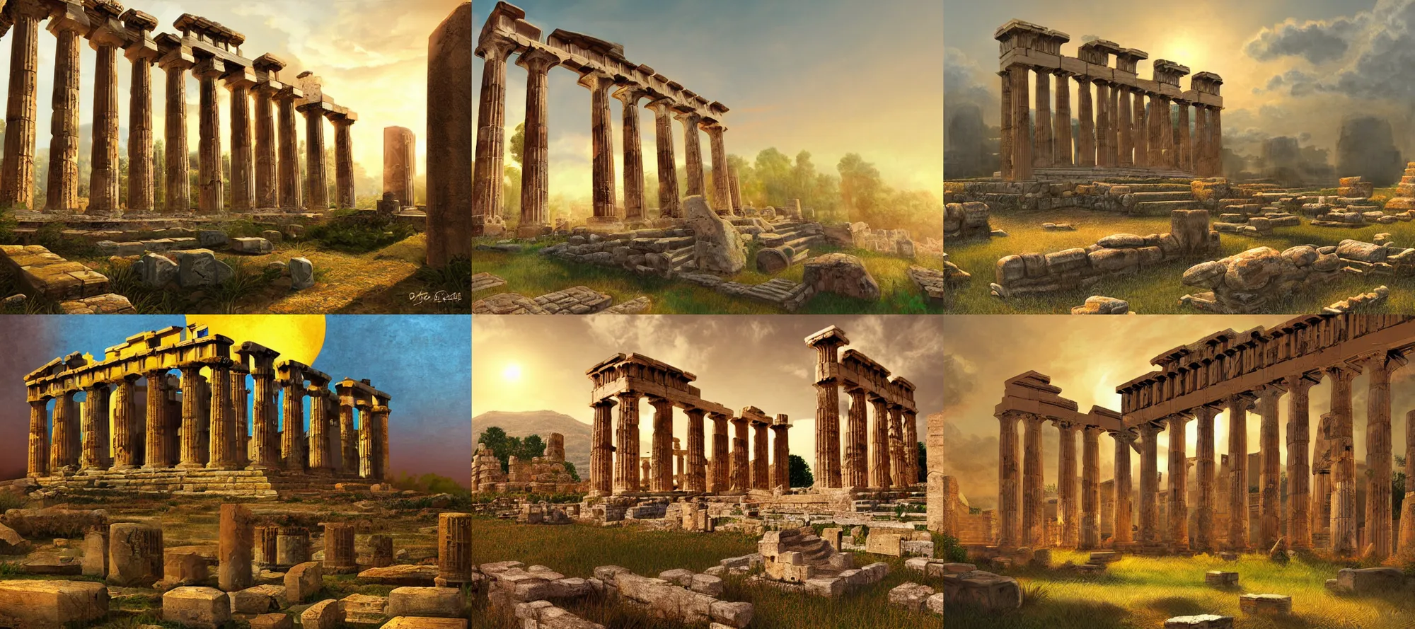 Prompt: ancient greek ruins, digital painting, concept art, soft golden hour