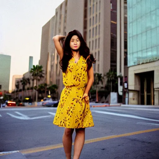 Image similar to portrait photo of a beautiful brown hair woman in a yellow sun dress in downtown Los Angeles, Kodak Portra 400 film