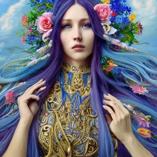 Image similar to breathtaking detailed painting by pilyeon and teffish on artstation, a full shot queen with long flowing bright blue hair, gauze dress and pastel flowers petals and golden tumultuous clouds, symmetrical facial features, at dawn in front of a pristine golden art nouveau cathedral, elegant, highly detailed, artstation, concept art, matte, sharp focus,