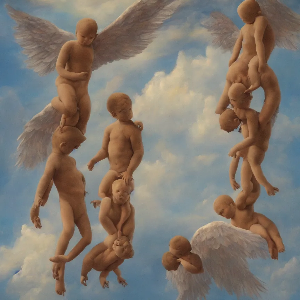 Prompt: siamese twins flying in the sky with angelic wings, hyperrealistic, painting, reinascence style, award wining