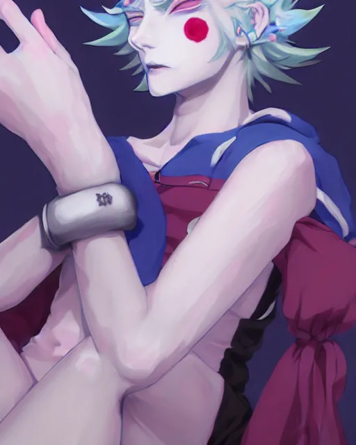 Image similar to extremely attractive soft feminine male as a jester anime character screenshot, nagito komaeda and hisoka jester, anime feminine male fool, intricate, sharp focus, illustration, highly detailed, digital painting, cell shaded, concept art, matte, art by ilya kuvshinov and kyoto animation and wlop, ruan jia, greg rutkowski, studio quality