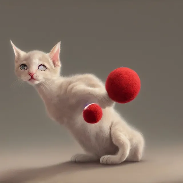 Image similar to a painting of a cute light beige kitten with dark brown ears and face and legs and tail and white paws playing with a red yarn ball. big eyes. character design by cory loftis, fenghua zhong, ryohei hase, ismail inceoglu and ruan jia. volumetric light, detailed, rendered in octane