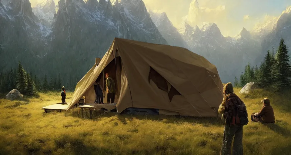 Image similar to cabela's beautiful comfortable self contained modular insulated wall container home kit - house all weather family dwelling tent house, person in foreground, mountainous forested wilderness open fields, beautiful views, painterly concept art, environmental concept art, concept art illustration, by james gurney, by craig mullins, by greg rutkowski trending on artstation