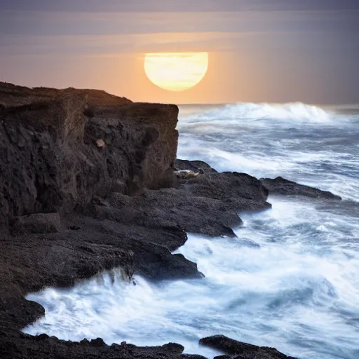 Prompt: night over a lonely rocky coast.. crashing breakers. moonlight