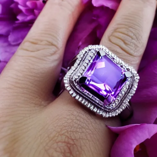 Image similar to a beautiful engagement ring made out of silver and purple fire, high quality, photo realistic, detailed, 8k