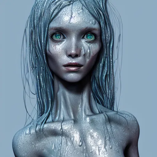 Image similar to a wet alien girl, perfect anatomical body, voluminous, high quality render, photorealistic digital painting, 3 d sculpture