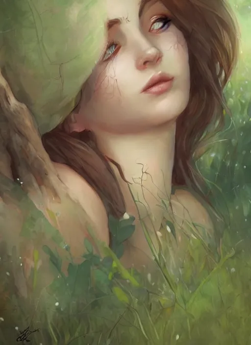 Image similar to girl lying in forest, face close up, art by charlie bowater