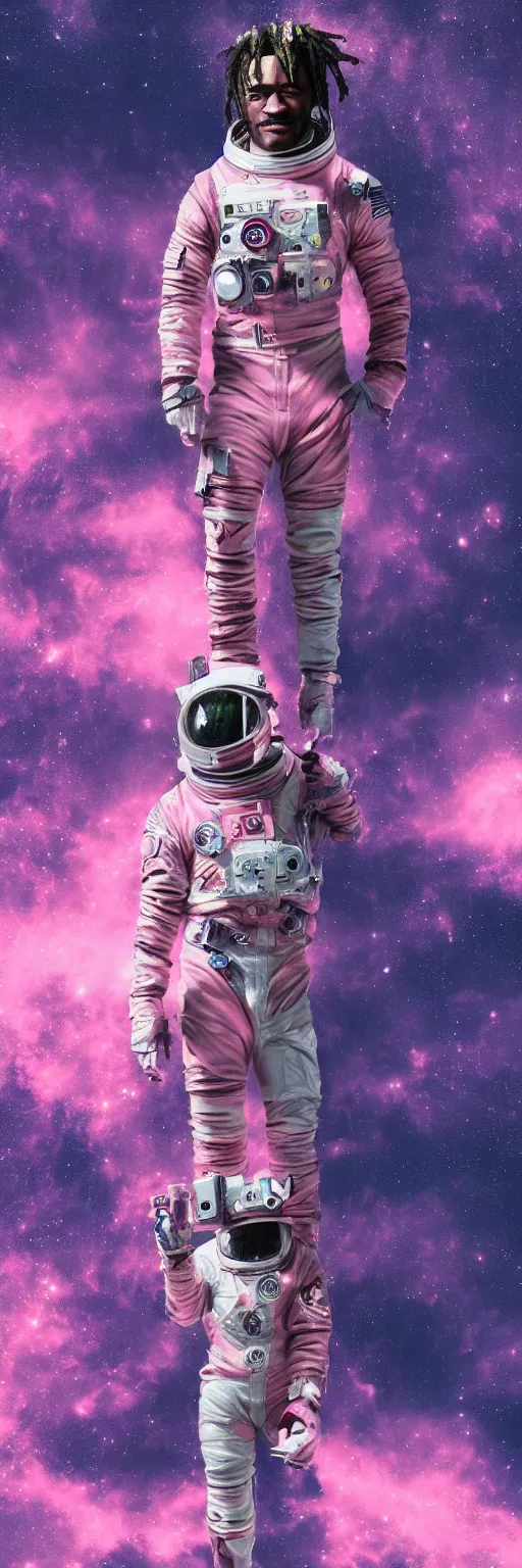 Image similar to Cinematic full body portrait of Lil Uzi Vert wearing a pink spacesuit, cinematic photograph, matte painting, trending on artstation, space clouds art