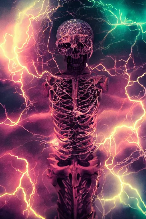 Prompt: stunning eerie god metamorphing into a skeleton, hyperrealism, photorealistic art, digital arts, intricate details and composition, whirpool of tornado and electric lightening in the bokeh background, surreal colors, 4 k, 8 k, artstation