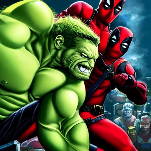 Image similar to a portrait of deadpool fighting the hulk, extremely detailed digital art by mark brooks