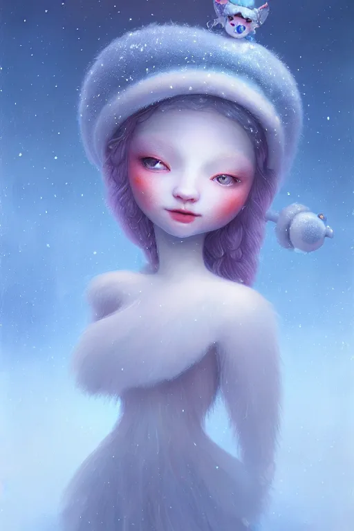 Image similar to a surreal Bioluminescent, very very very cute Winter Maiden in a happy world by Daniel Merriam, Trending on Artstation, oil on Canvas by Elena Zhurikhina and Goro Fujita and Charlie Bowater, octane render, 4k, 8k, HD