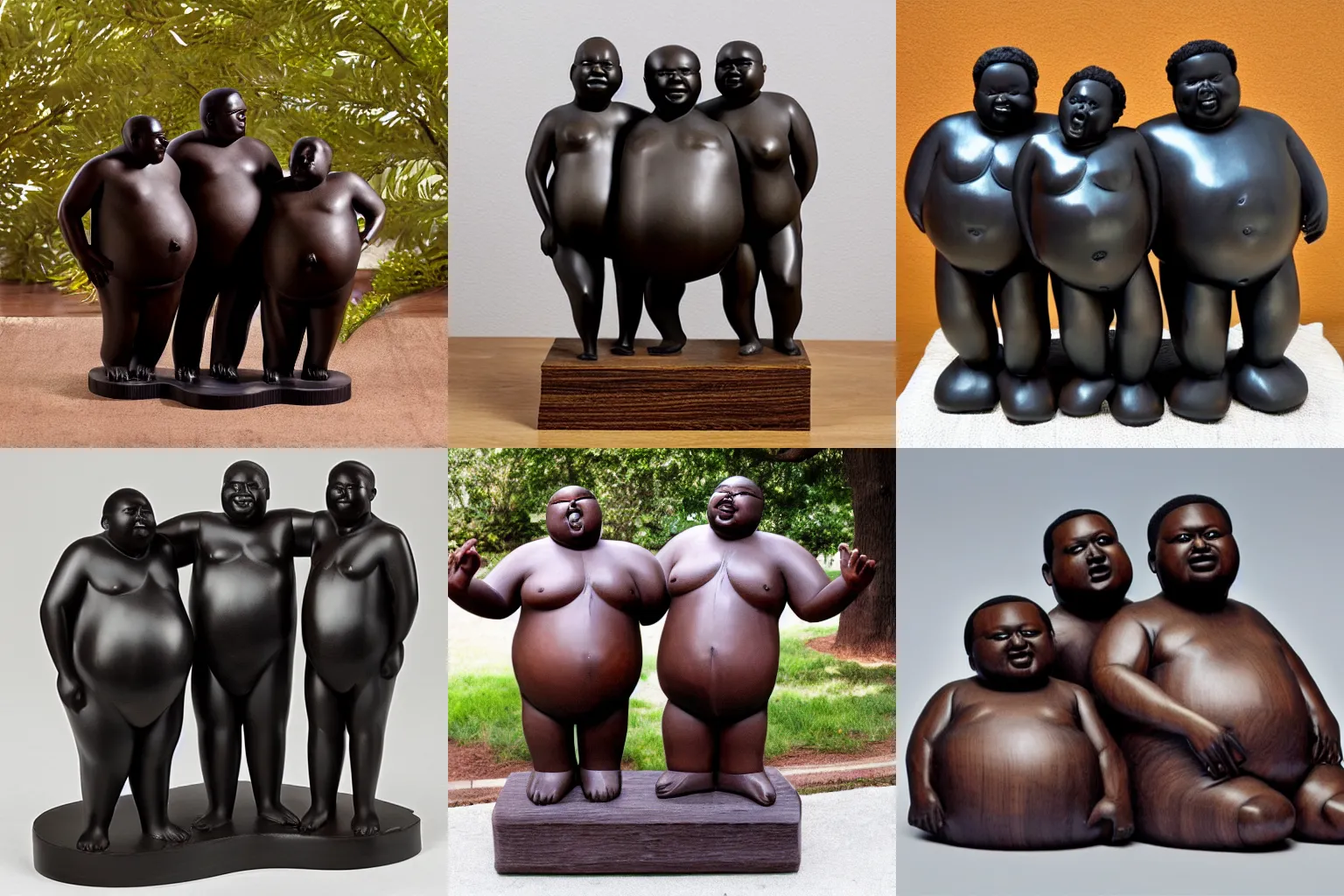 Prompt: ebony wood sculpture of three fat black people caressing