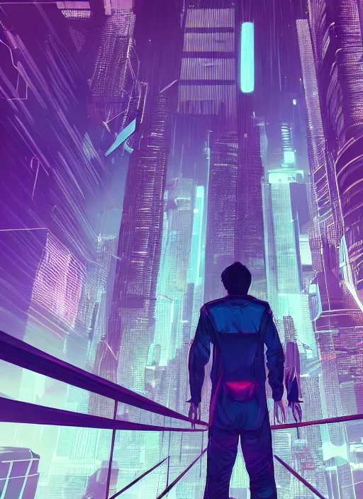 Image similar to Panfuturism cyberpunk art of a man standing on top of a bridge over a city, by Reuben Tam, Artstation contest winner, synthwave, retrowave, 2d game art