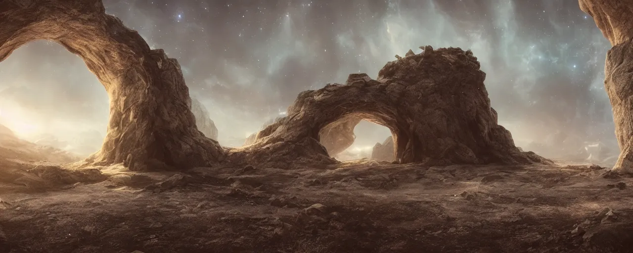 Image similar to improbability, fantasy landscape, door portal, cinematic, low angle, galaxies in the sky, matte painting, octane render