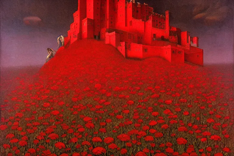 Image similar to only with red, red flowers of different types, a red tiger, a castle in the background, medieval demons dance over the flowers, an ancient path, in the style of beksinski, part by hopper, part by rodcenko, part by hofbauer, intricate composition, red by caravaggio, insanely quality, highly detailed, masterpiece, red light, artstation