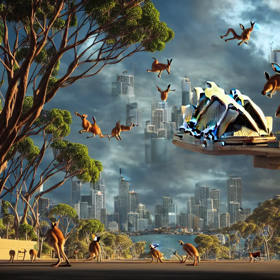 Image similar to sydney invaded by kangaroos in the future, hyperealistic very colourful hdr cinematic lighting cgi render photorealistic cinematic octane render