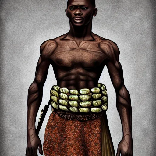 Prompt: stunning character design of a Nigerian warrior, highly detailed digital art