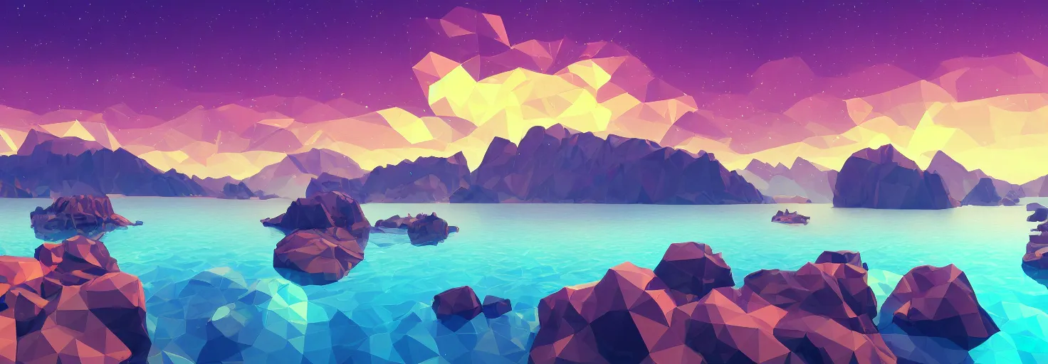 Image similar to super detailed color lowpoly art, northern sunset with rocks on front, lake in the middle of perspective and mountains at background, graphic reindeers in random points, unreal engine, retrowave color palette, 3d render, lowpoly, colorful, digital art