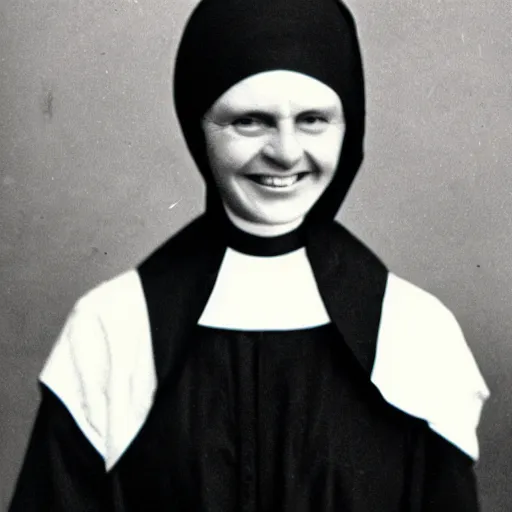 Prompt: found footage photo of a creepy nun smiling in the late 1 8 0 0 s,