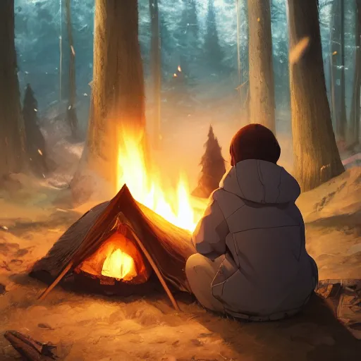 Image similar to yuru camp anime campfire hyperdetailed blue eyes, trending on artstation, cinematic lighting, highly realistically detailed, trending on pixiv , Unreal Engine 4k, detailed faces, manga cover, official anime key visual by greg rutkowski