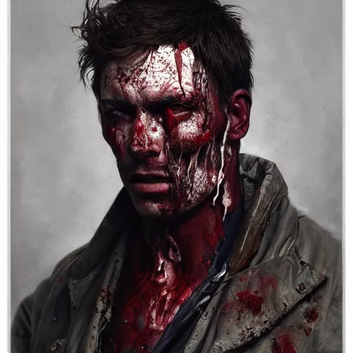 Image similar to portrait painting of a bloodied male butcher, ultra realistic, concept art, intricate details, eerie, highly detailed, photorealistic, octane render, 8 k, unreal engine. art by artgerm and greg rutkowski and alphonse mucha