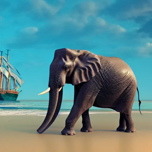 Prompt: a giant elephant walking at sea while a fleet of pirate ships pass by, Digital art, 4k