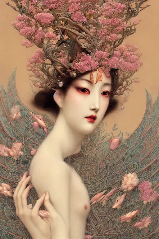 Image similar to portrait breathtaking detailed concept art painting art deco pattern of birds goddesses amalmation flowers head boudhisme temple, by hsiao ron cheng, tetsuya ichida, bizarre compositions, gaston bussiere, exquisite detail, extremely moody lighting, 8 k, art nouveau, old chines painting, art nouveau