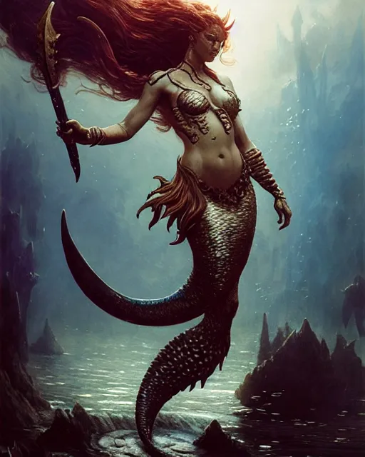 Prompt: a fierce mermaid warrior under water, fantasy character portrait, ultra realistic, concept art, intricate details, highly detailed by greg rutkowski, gaston bussiere, craig mullins, simon bisley