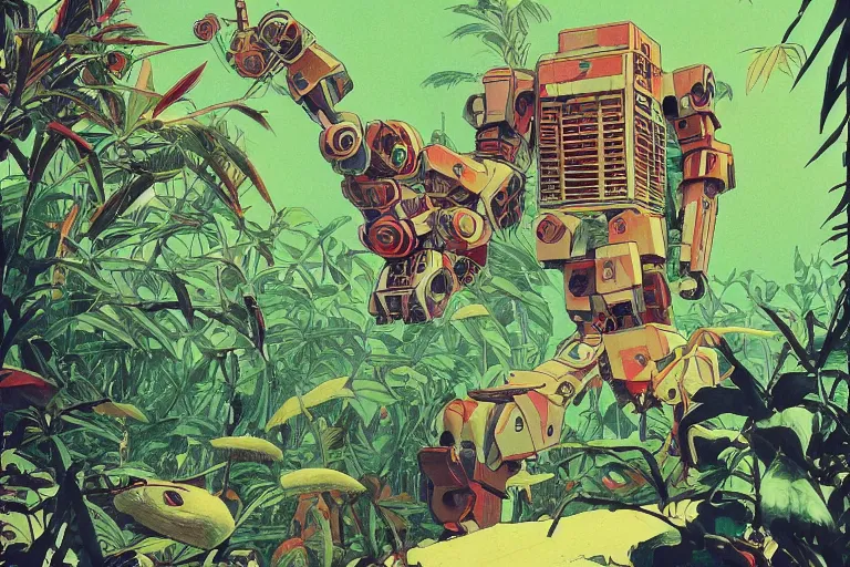 Prompt: gigantic man head, a lot of exotic vegetation around, trees, tremendous mecha robot, flowers, risograph!, oldschool vintage sci - fi flat surreal design, super - detailed, painting by moebius and satoshi kon and jodorowski