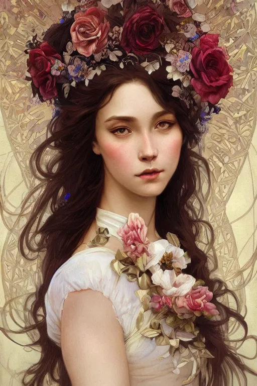 Image similar to beautiful maiden wearing a floral headband, intricate, elegant, highly detailed, digital painting, artstation, concept art, smooth, sharp focus, illustration, art by artgerm and greg rutkowski and alphonse mucha