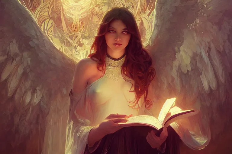 Prompt: angel harbinger of doom reading from the book of life and death, highly detailed, raytracing, subsurface scattering, digital render, artstation, concept art, cinematic lighting, illustration, art by artgerm, greg rutkowski and alphonse mucha