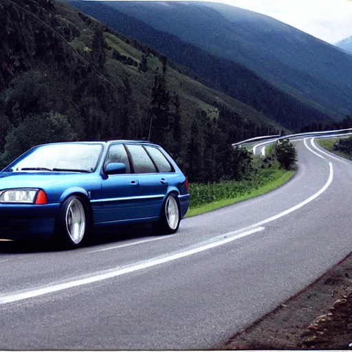 Prompt: Denim Blue Audi A4 B5 Avant (1997) on a mountain road, wide shot