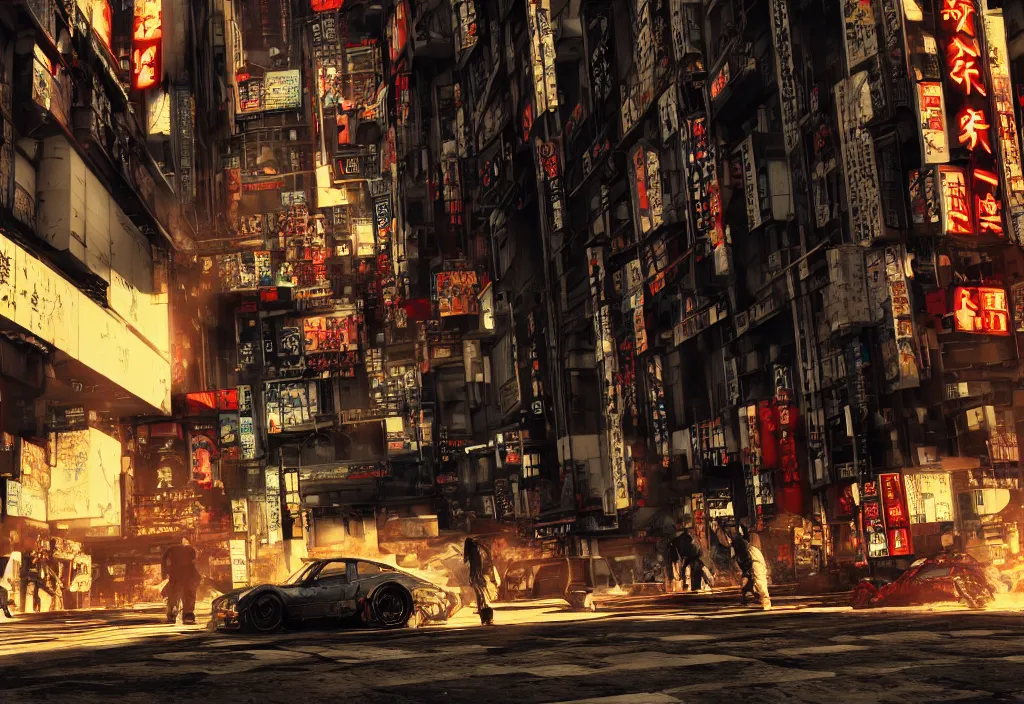 Image similar to film produced by madhouse and directed by takeshi koike tokyo streets cyberpunk style max payne blood trending on artstation cinematic realistic buildings windows cars peoples detailed golden ratio awesome composition color balance harmony physical correct light shadows octnae render 8 k highly detaled photography urban architecure