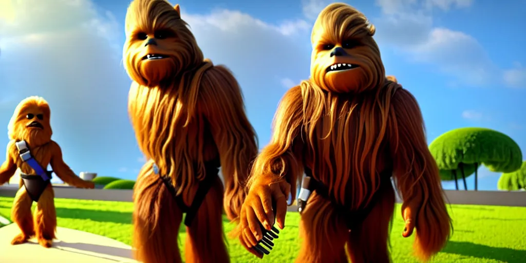 Prompt: a wholesome animation key shot of a chewbacca pixar and disney animation sharp render 3 d animated, cinematic lighting